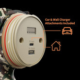 Round power adapter with USB ports and text indicating car and wall charger attachments on a black background.